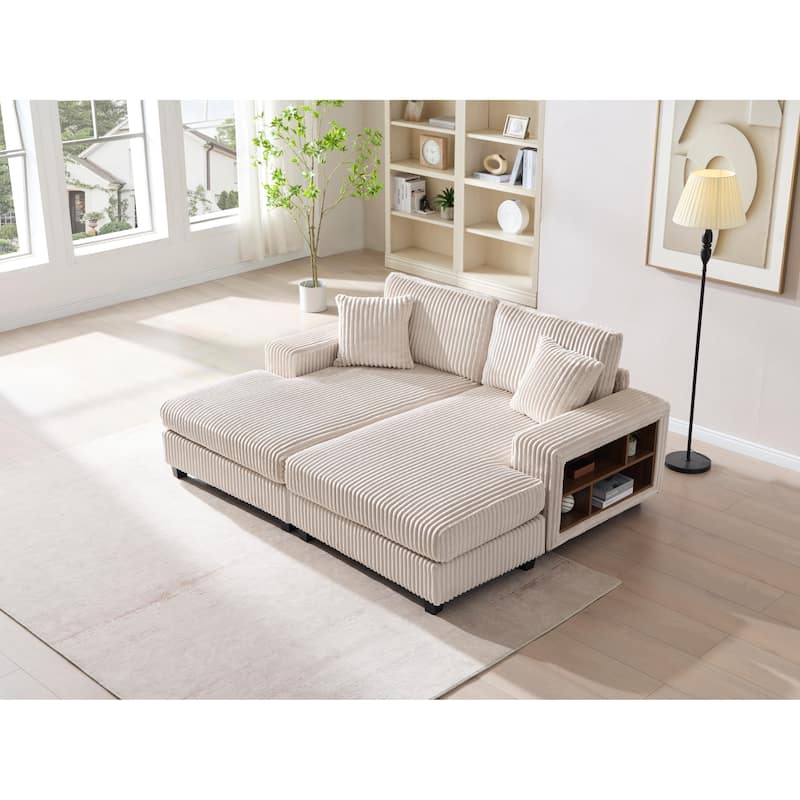 79.5" Corduroy Sectional Sofa Sleeper Sofa, Convertible Double Chaise Lounges Couch - Beige