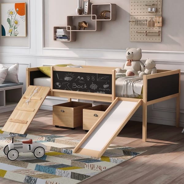 slide 2 of 9, Twin Size Low Loft Bed with Climbing Ladder, Slide, 2 Storage Box, 3-sides Blackboard, Guardrails - Natural Wood Loft Bed Frame Natural - Twin