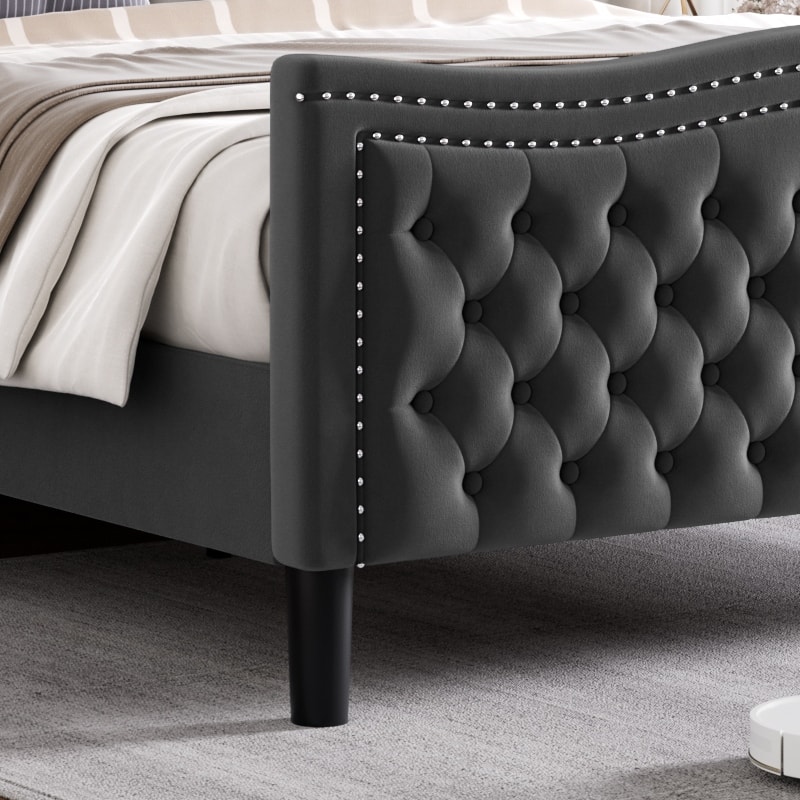Full Size Tufted Wingback Bed Grey Velvet Upholstered Platform Bed with Solid Wood Slat Support Frame and Nailhead Trim