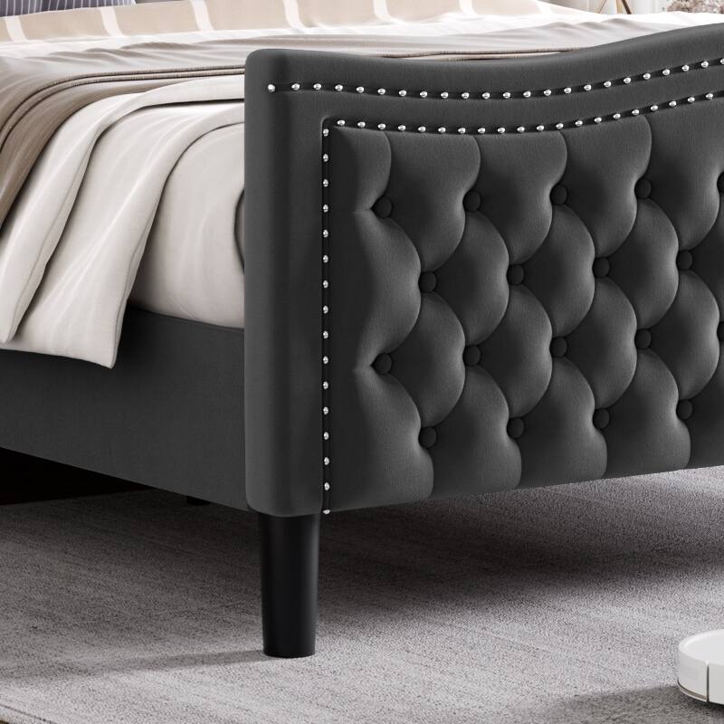 Wingback Platform Bed King Size Velvet Upholstered Bed with Nailhead Trim and Tufted Headboard Footboard, Wood Slats Support
