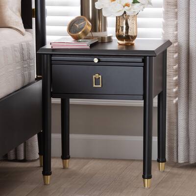 Tamra Black Wood Nightstand with Pullout Shelf - Modern Transitional Bedside Table with Metallic Accents