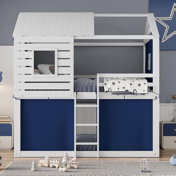 slide 2 of 39, Pink & White Full Bunk House Bed with Tent - Fun & Functional for Kids Blue