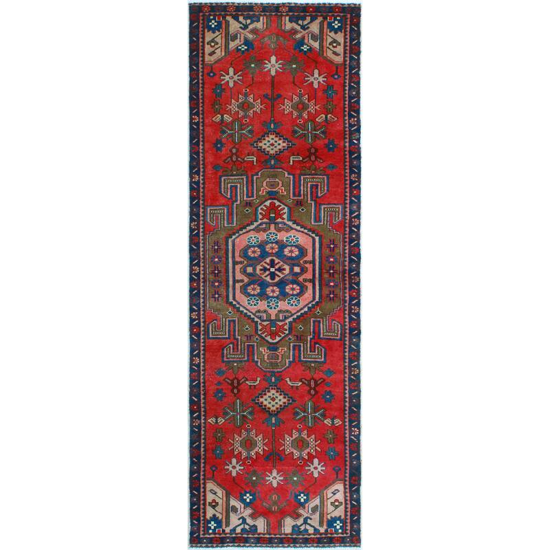 Fine Vintage Distressed Darryll Red/Navy Runner - 3'2" x 9'10"