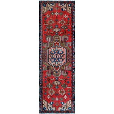 Fine Vintage Distressed Darryll Red/Navy Runner - 3'2" x 9'10"