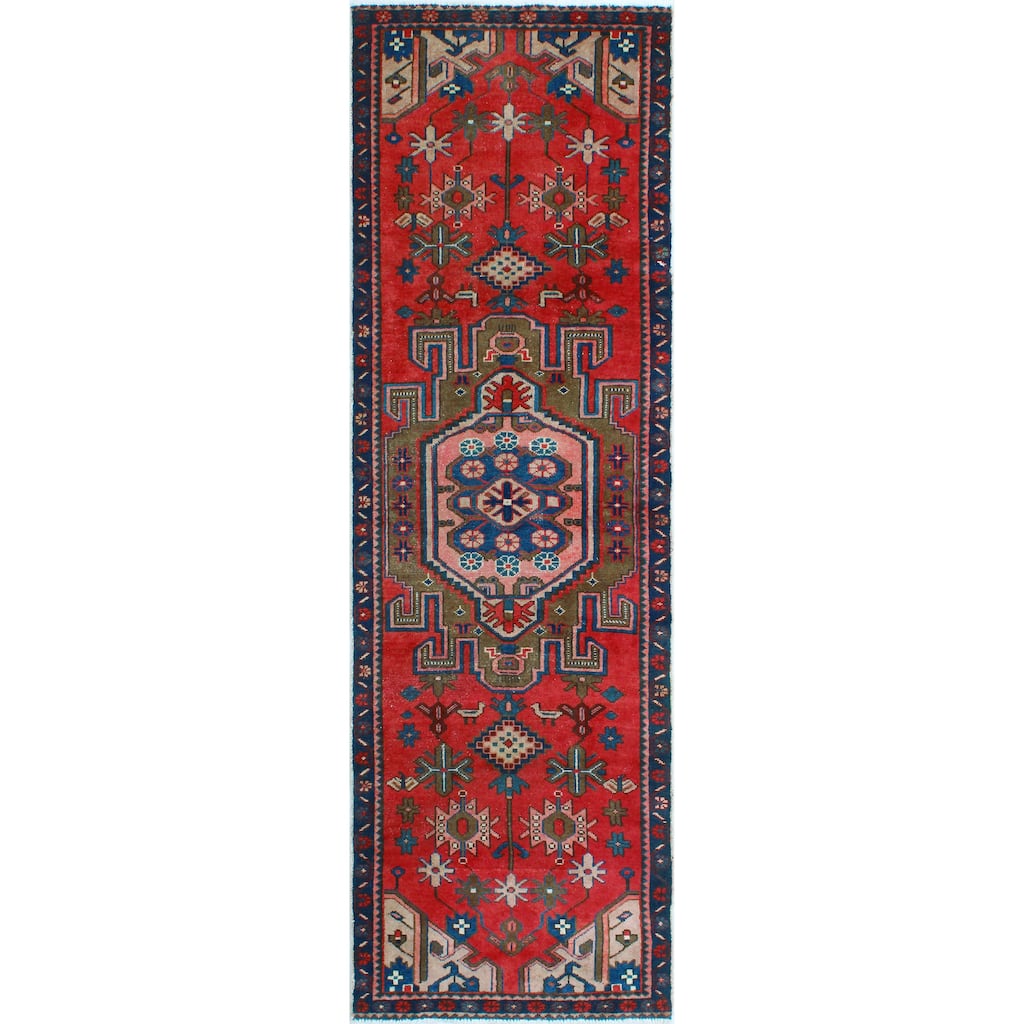 Fine Vintage Distressed Darryll Red/Navy Runner - 3'2" x 9'10"