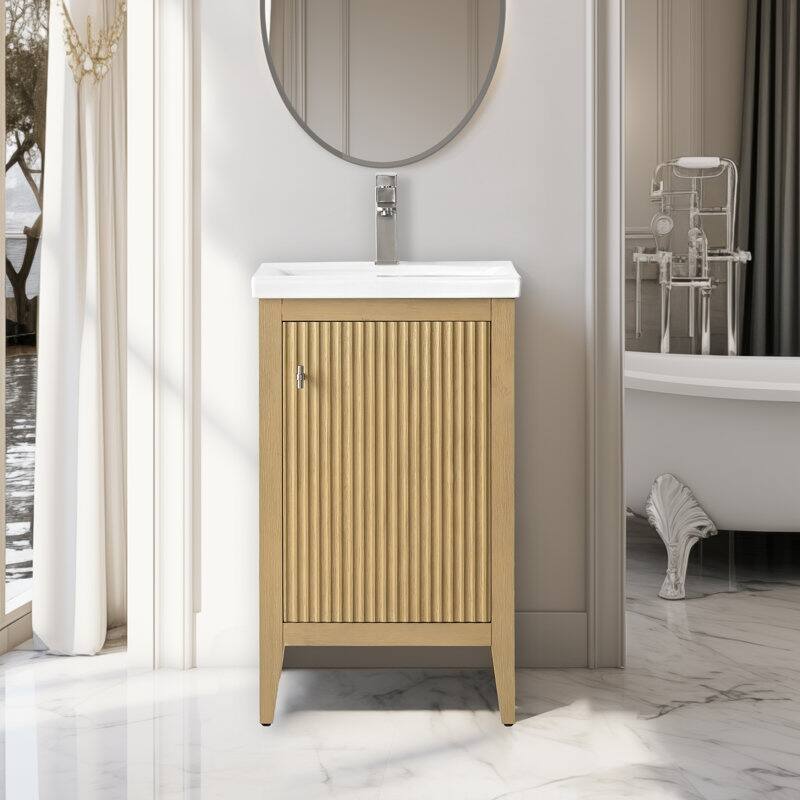 Vanity Art 20" Single Sink Bathroom Vanity Cabinet with Ceramic Top - 20"/Brushed Nickel Handle - Linear Natural Oak