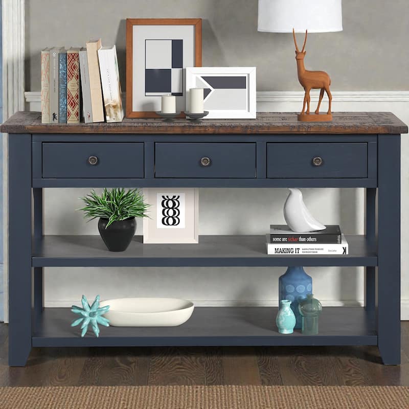 48 Inch Solid Pine Wood Console Table with 3 Drawers & 2 Shelves, Vintage Entryway Sofa Table for Hallway & Living Room - Blue