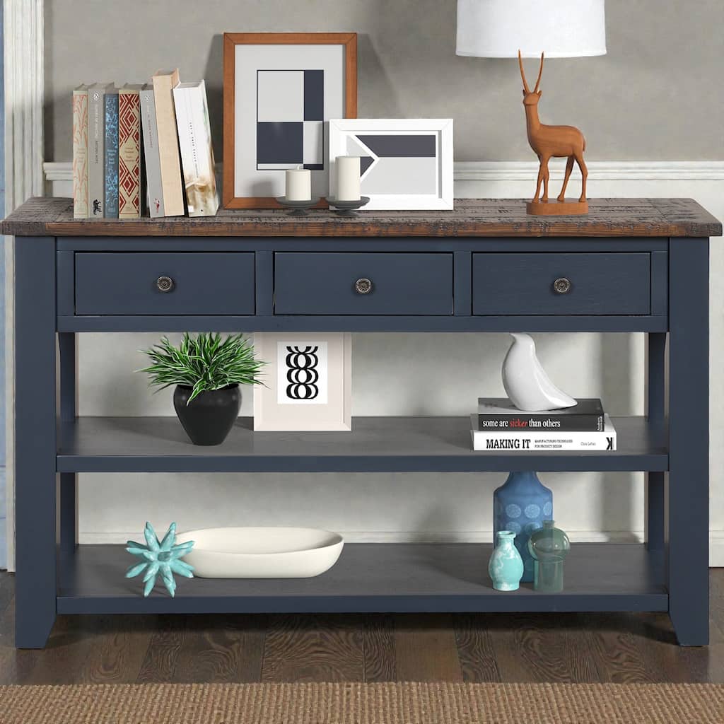 48 Inch Solid Pine Wood Console Table with 3 Drawers & 2 Shelves, Vintage Entryway Sofa Table for Hallway & Living Room
