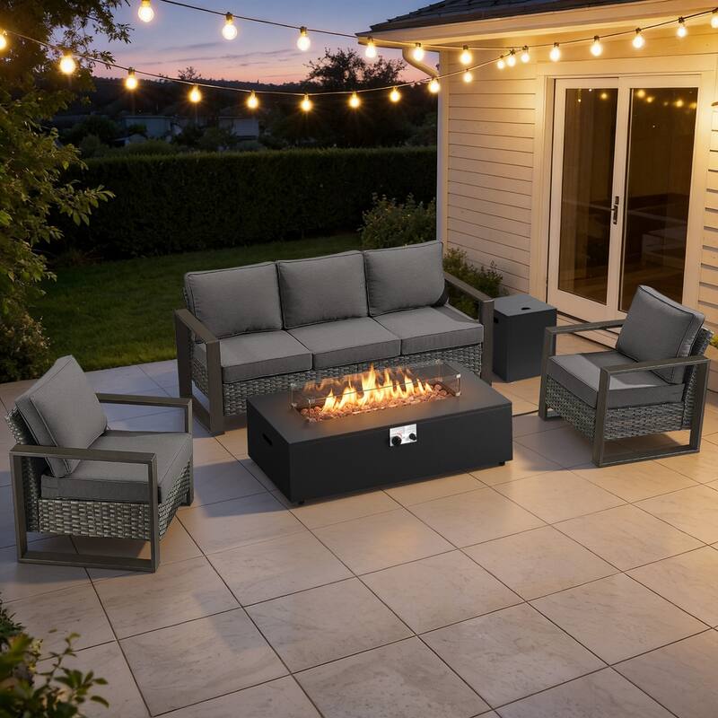 Meyreso Wicker Patio Conversation Set with Metal Fire Pit Table & 4.5-Inch Olefin Cushions - Gray / Gray Cushions - 4-Piece