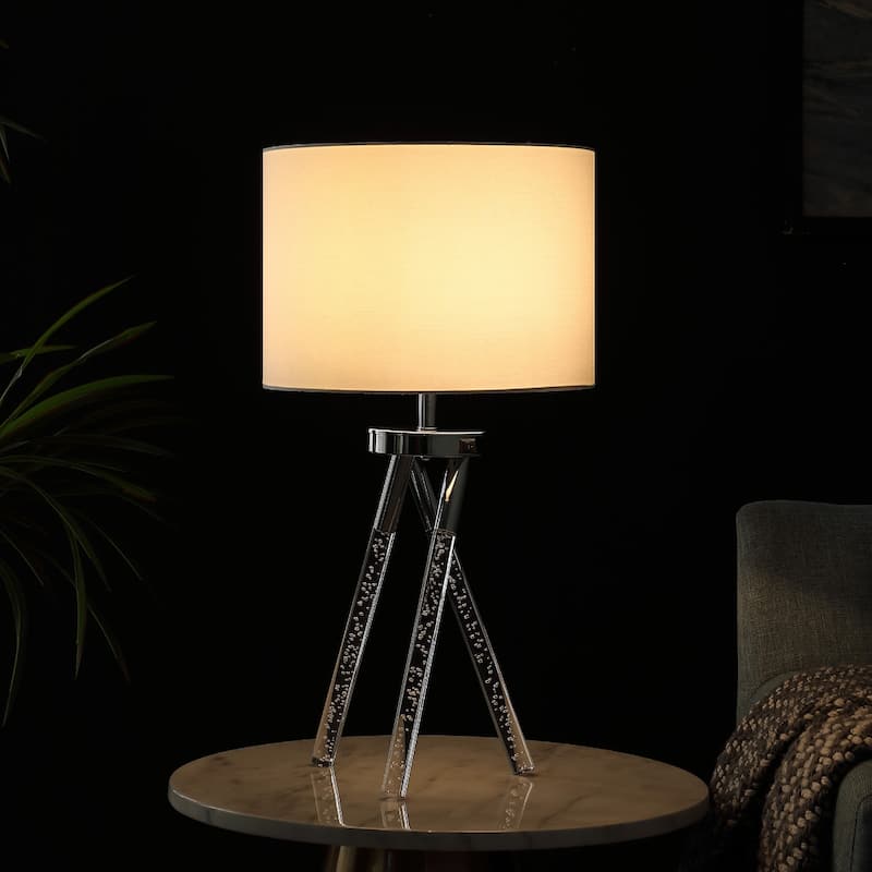 26" Silver Metal Tripod Table Lamp with White Fabric Drum Shade and Rotary Socket for Bedroom - 26.25"H x 14"W x 14"D