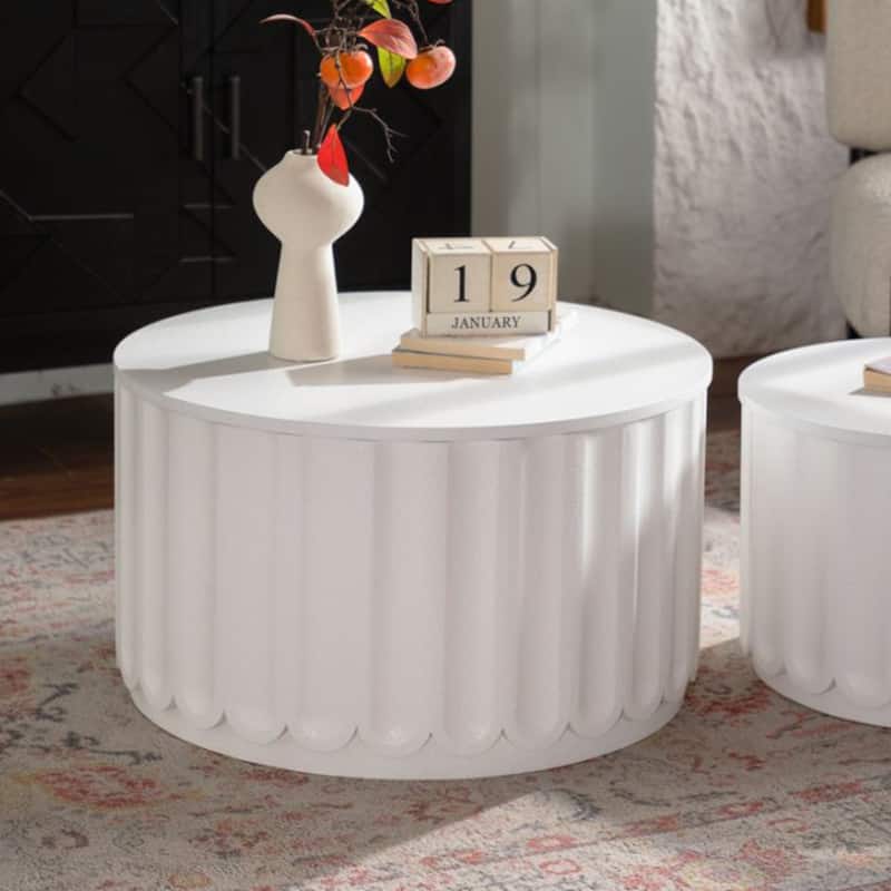 White Round Storage Table Set with Lift-Off Lid, Nesting Design, Elegant Curved-Edge Shape for Cozy Living Room Styling