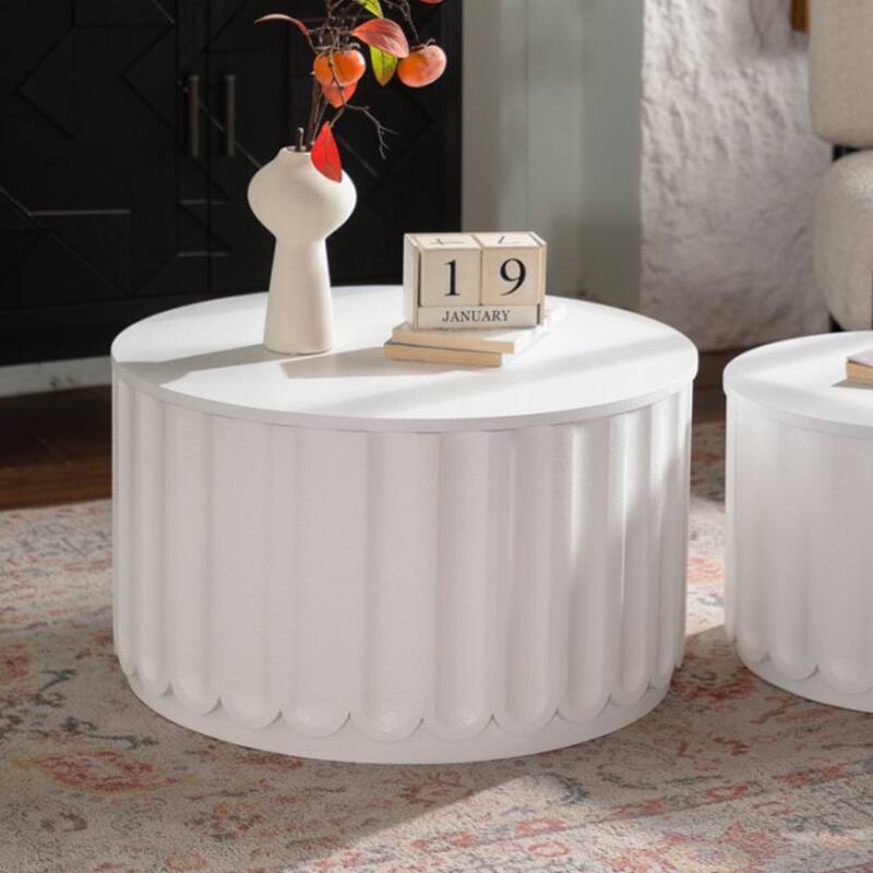 White Round Storage Table Set with Lift-Off Lid, Nesting Design