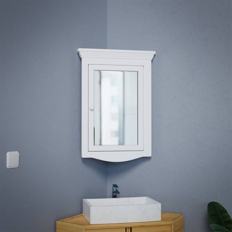 White Corner Wall Mount Medicine Cabinet with Mirror Wooden Bathroom Storage 27" x 20" Double Shelf Pack of 2 Renovators Supply