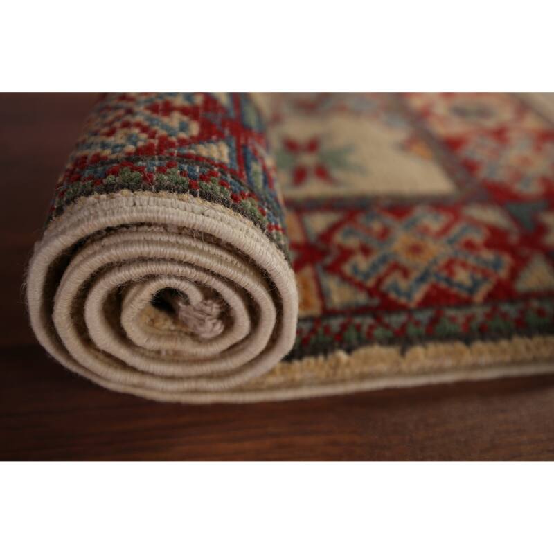 Geometric Kazak Foyer Rug Hand-Knotted Beige Wool Carpet - 1'11" x 2'11"