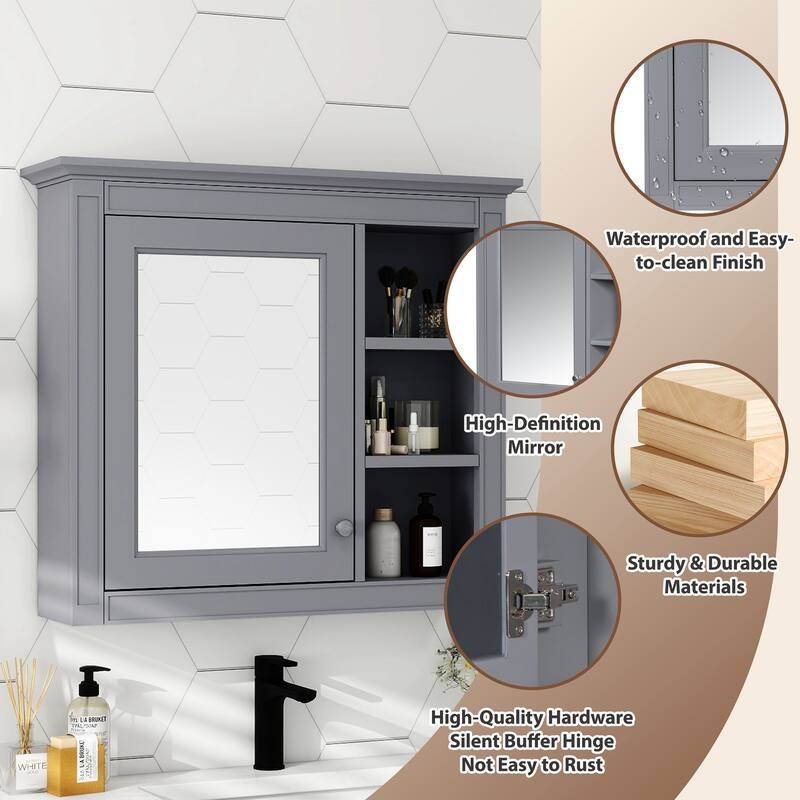 GDFStudio - Trellen Modern Wall-Mounted Bathroom Storage Cabinet with Mirror and 3 Open Shelves (No Bathroom Vanity) - 29.92"W