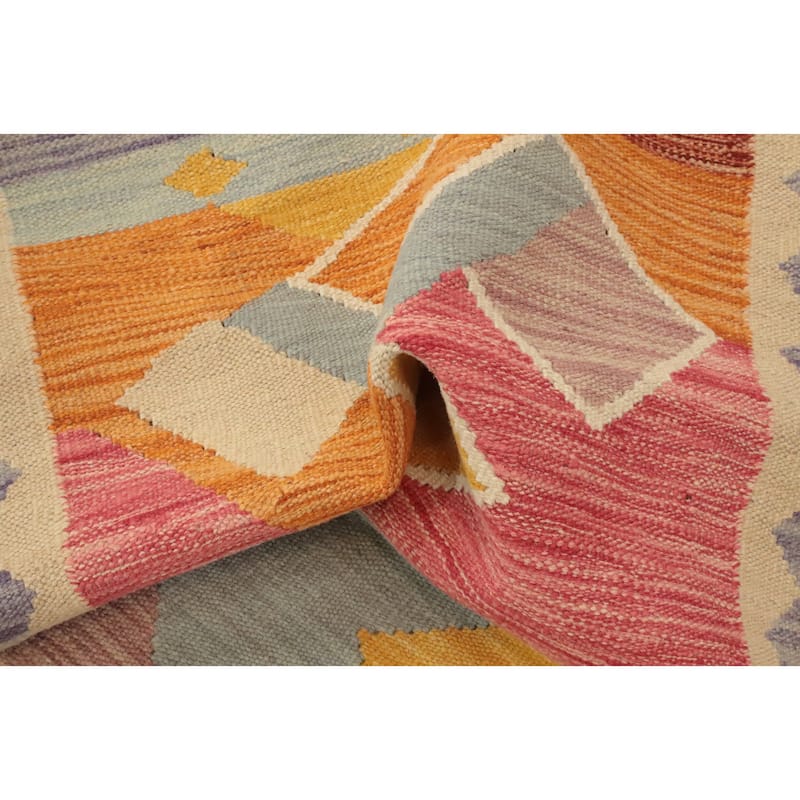Hand Woven Oriental 100% Wool Carpet Southwestern Modern Pink Kilim Runner Rug - 8' 3'' X 2' 0''