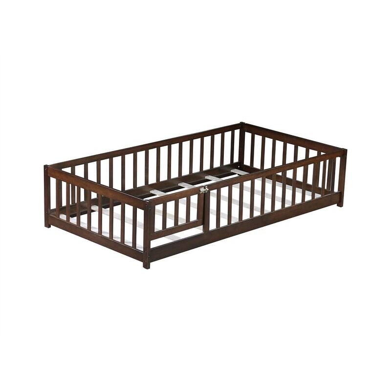 Twin/Full/Queen Size Floor Bed with Fence Guardrails and Door, Rubber Wood Toddler Bed Montessori Bed with Slats Support