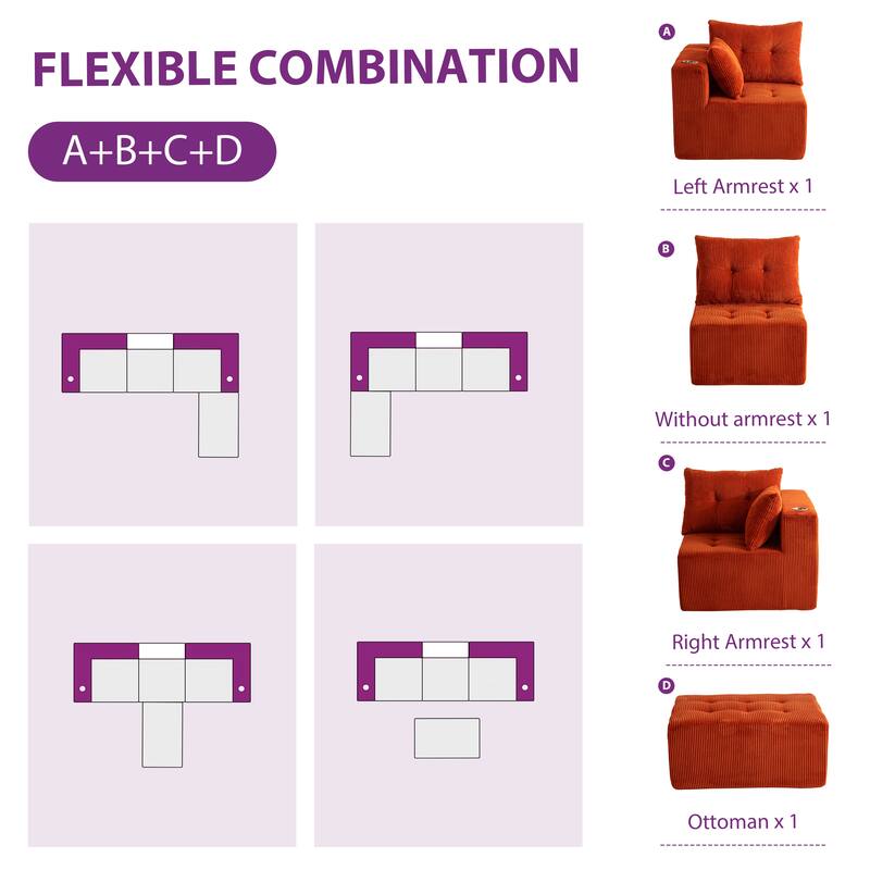 Corduroy Modular Sectional Sofa - 35.8"D x 101"W x 26.3"H