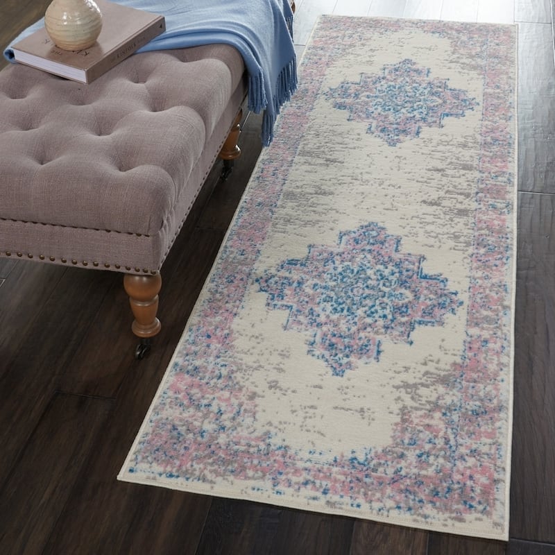 Nourison Grafix Distressed Vintage Medallion Area Rug - 2'3" x 7'6" Runner - Ivory/Pink
