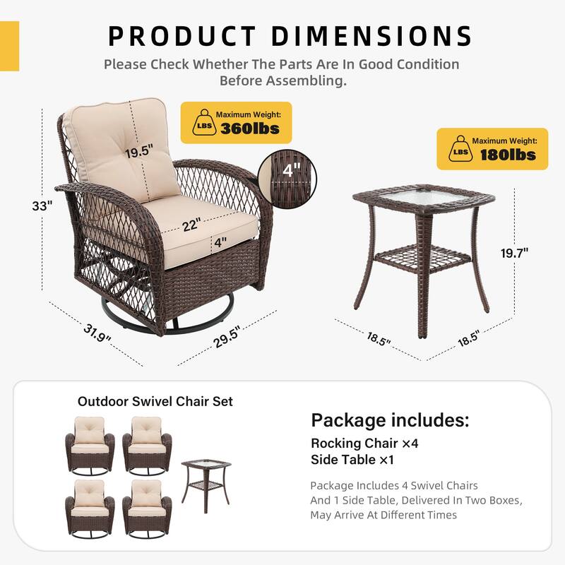 UPHA 5-Piece Patio Outdoor Wicker Swivel Rocking Chair Set with Side Table and Cushions