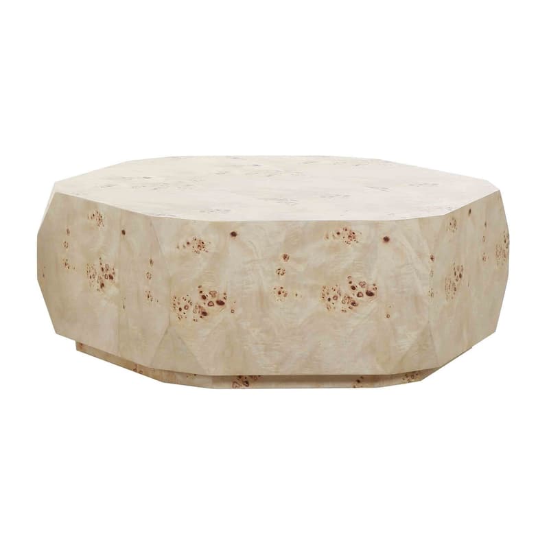 Cid Hy 45 Inch Coffee Table, Irregular Burl Wood Veneer Drum, Natural Brown