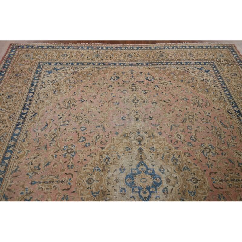 Vegetable Dye Distressed Mashad Persian Rug Antique Handmade Wool Carpet - 7'10" x 10'9"