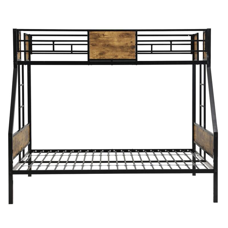 Twin Over Full Metal Bunk Bed with Side Ladder, Guardrail, and Under-Bed Storage, Easy Assembly, Black & Brown