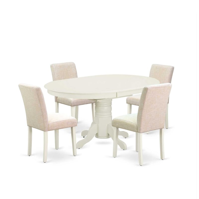 Vintage Oval Dining Table Set - 5pc Table & 4 Chairs - Linen White Legs - Light Beige Fabric