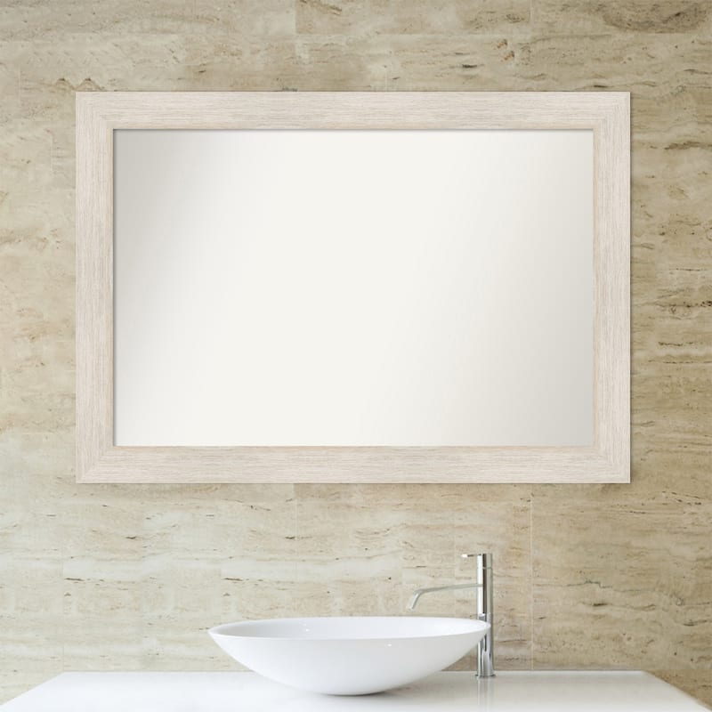 Non-Beveled Wood Bathroom Wall Mirror - Hardwood Whitewash Frame