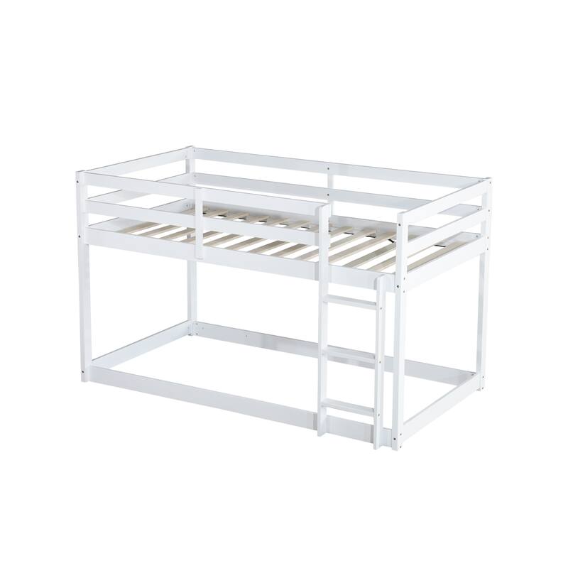 Twin over Twin Solid Rubber Wood Bunk Bed with Ladder and Strengthened Slats, White
