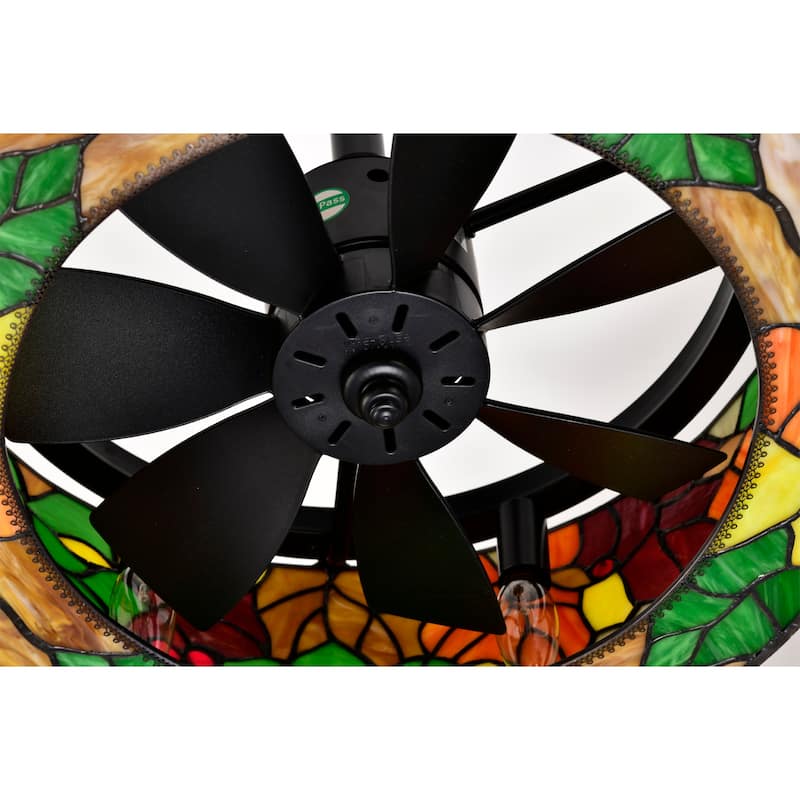 Ralfa 6-light Tiffany Glass Fandelier Lighted Ceiling Fan Floral and Berries Design Remote Control - Multi-Color
