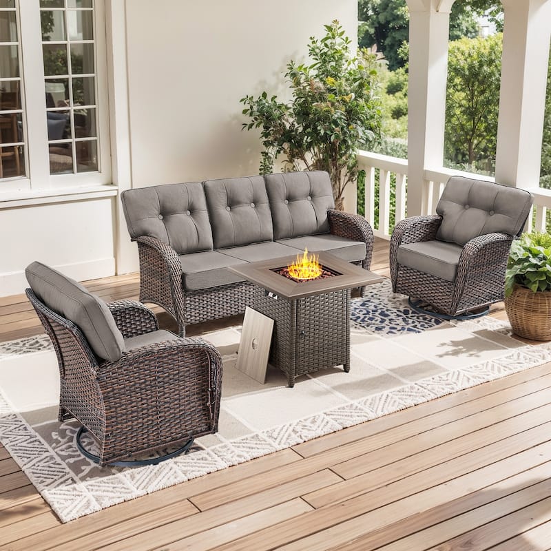 Pocassy Ooutdoor Fire Pit Table with Patio Funiture - 4 Pieces w/ Swivel Chair - Brown Wicker & Gray cushion