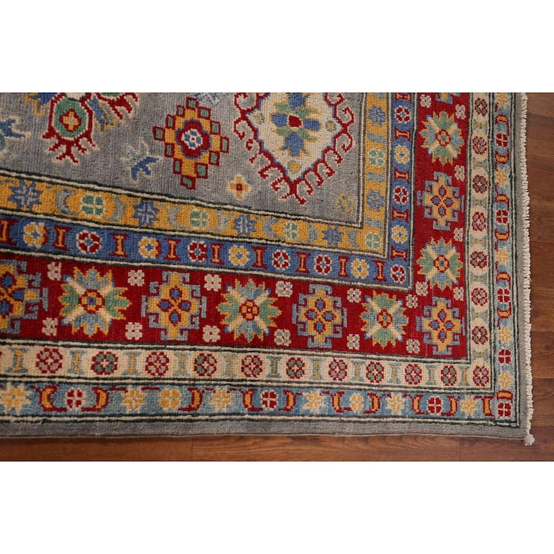 Gray Geometric Kazak Oriental Area Rug Hand-Knotted Wool Carpet - 4'11" x 6'10"