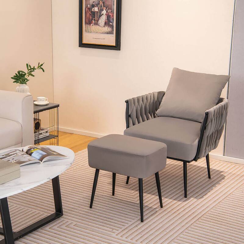 Gymax Modern Dutch Velvet Accent Chair & Ottoman Set Single Leisure