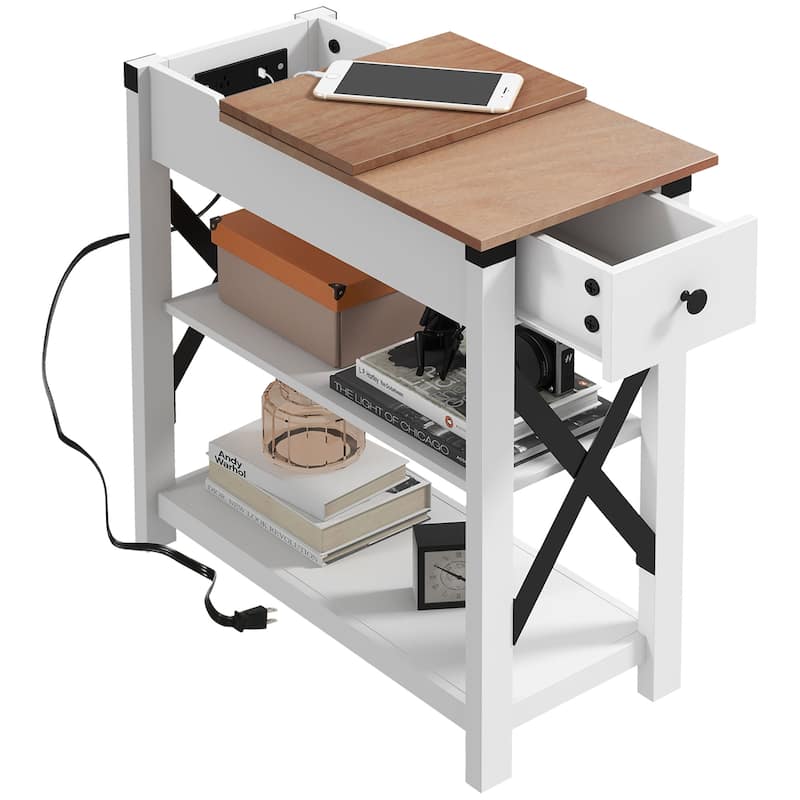 HOMCOM Side Table with Charging Station, End Table with 2 USB Ports and 1 Outlet, Storage Shelves for Living Room, White
