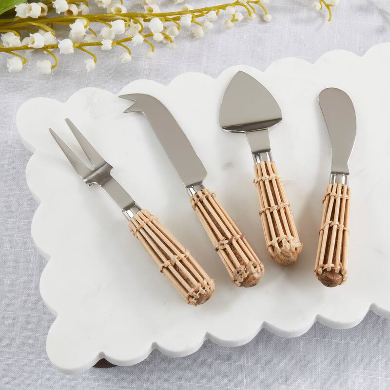 Wicker Handle Cheese Knife Set - Stainless Steel Entertaining Tools for Cheese Boards & Appetizers