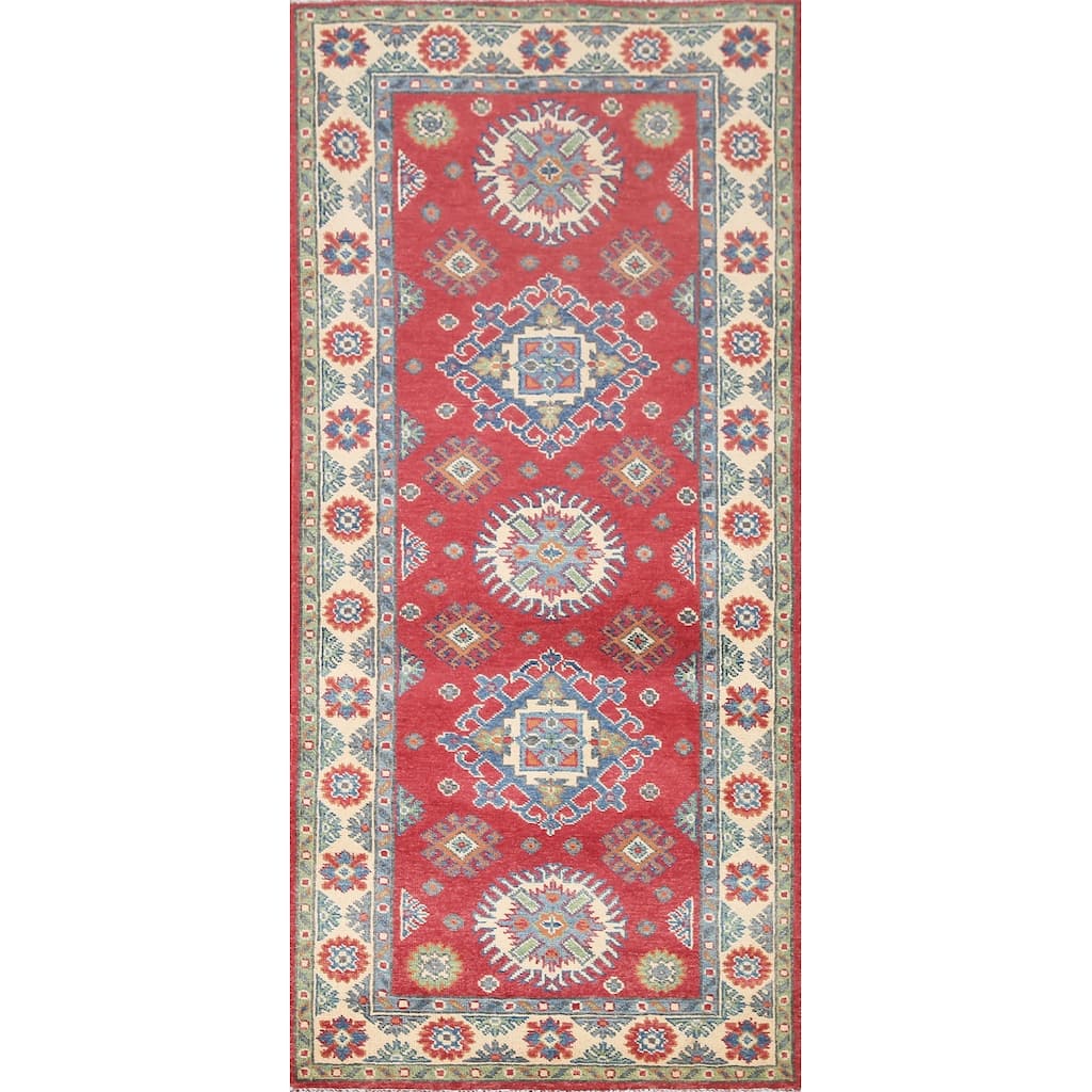 Hand Knotted Oriental 100% Wool Carpet Traditional Geometric Red Kazak Area Rug - 6' 5'' X 2' 9''