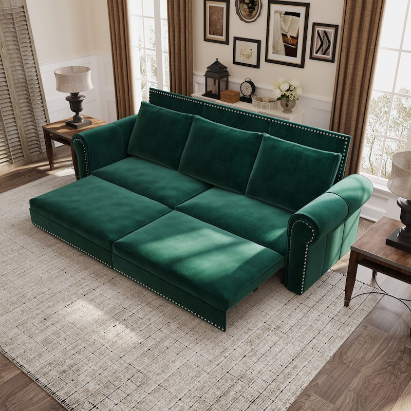 93.7" King Pull Out Sofa Bed w/ Nailhead Trim & Rolled Arm for Living Room Bedroom - Green