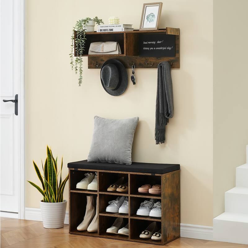 Hall Tree Shoe Bench Industrial 6 in 1 Coat/Shoe Rack - Brown - 31.5"