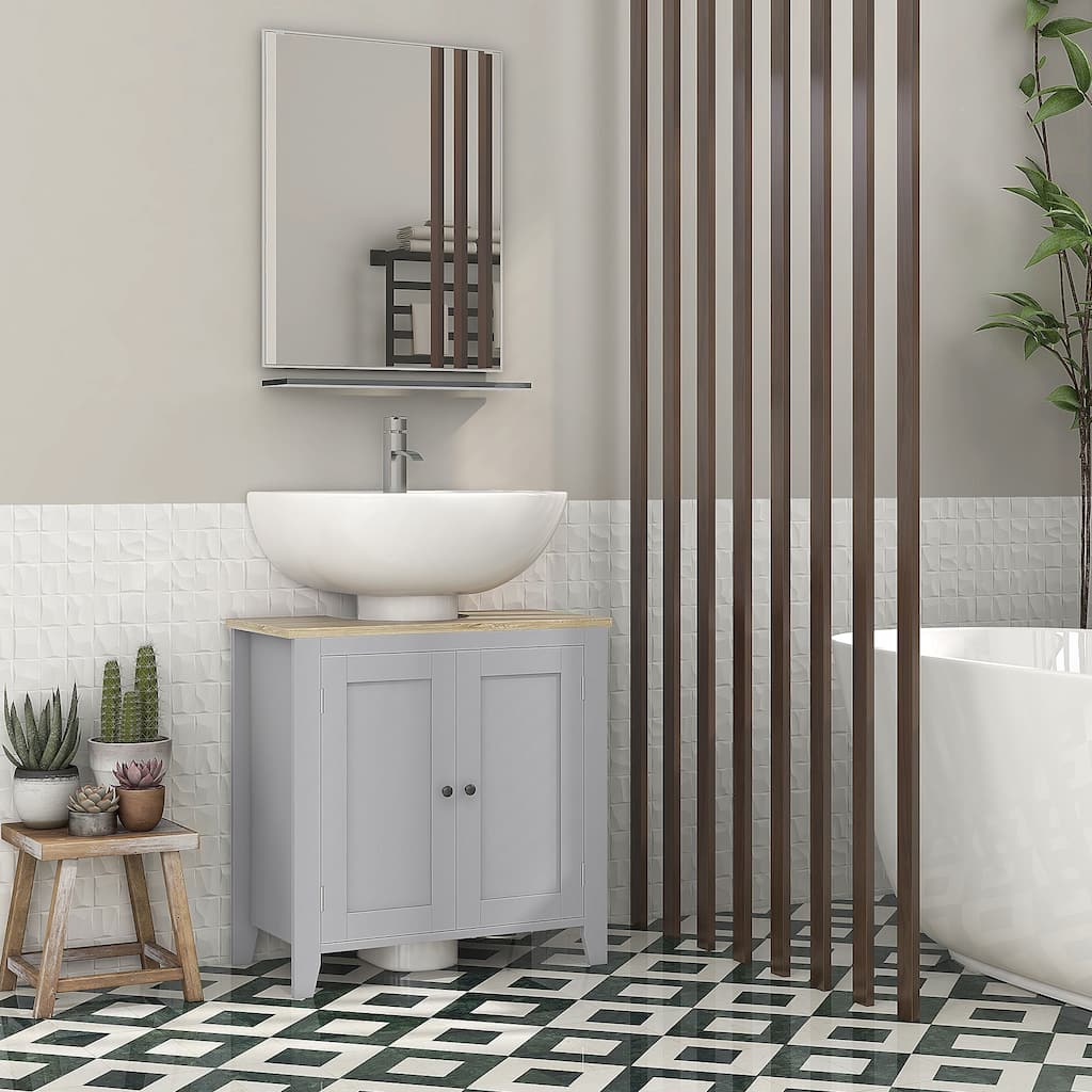 Grey Bathroom Storage Cabinet with Adjustable Shelf and Wood Grain Top for Under Sink Organization