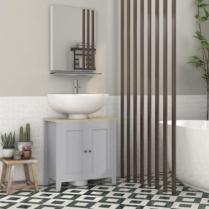 Kleankin Gray Pedestal Sink Storage Cabinet Bathroom Cabinet with U-Shape and Adjustable Internal Shelf - Grey