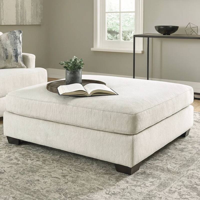 Fabric Upholstered Oversized Ottoman with Tapered Legs, Off White