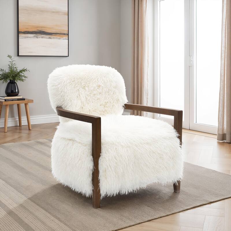 1pc Accent Chair Raked Wooden Arms Tight Back And Seat Soft Faux Fur Contemporary Living Room Furniture - White