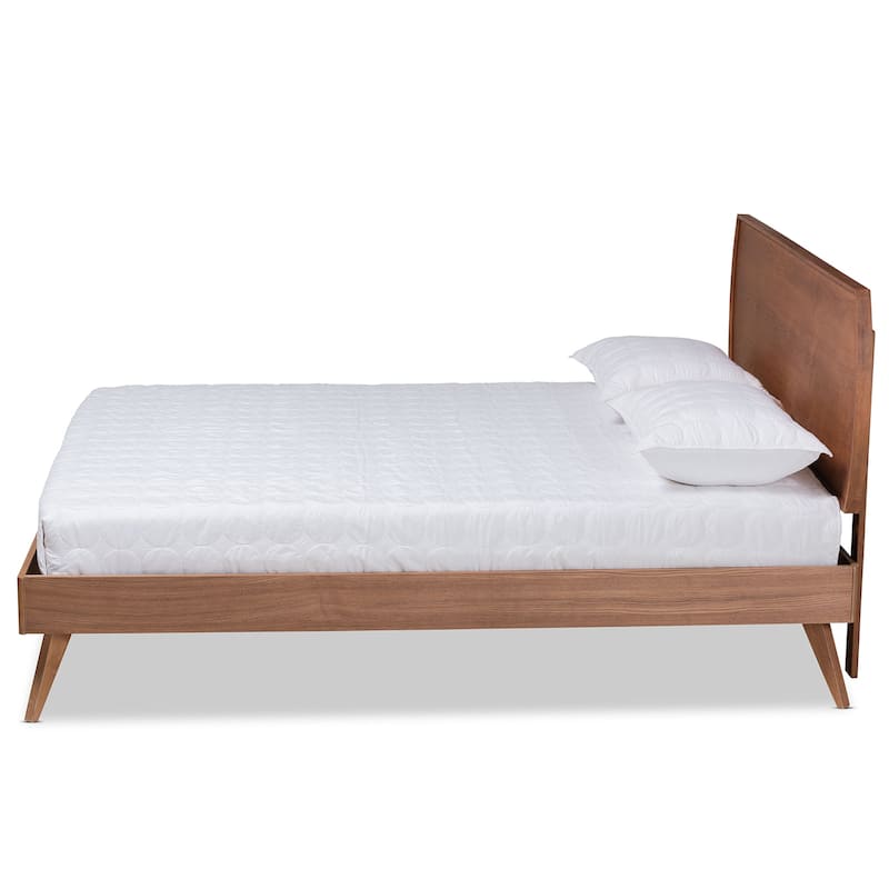 Mid-Century Modern Walnut Brown Wood King Platform Bed with Curved Headboard for Stylish Bedrooms