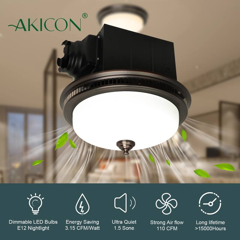 Ultra Quiet Bathroom Exhaust Fan with LED Light and Nightlight 110CFM 1.5 Sone with Round Frosted Glass Cover