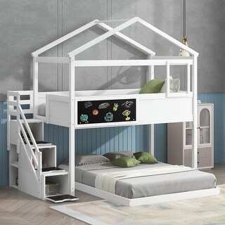 Twin Over Full Bunk Bed with Storage Staircase and Blackboard, White