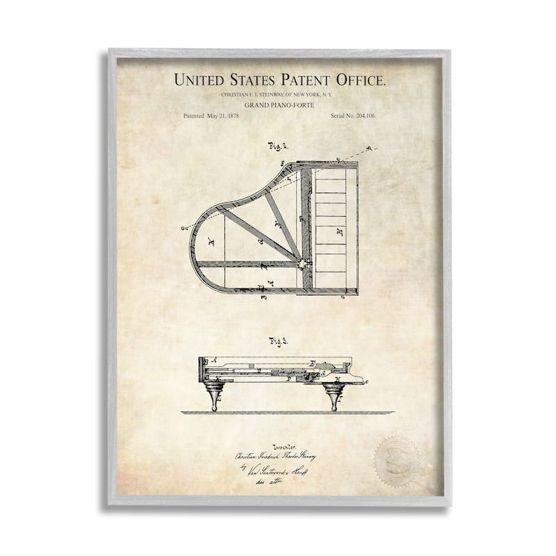 Stupell Grand Piano Detailed Vintage Diagram Blueprint Instrument Framed Wall Art - Beige - 11 x 14 - Grey
