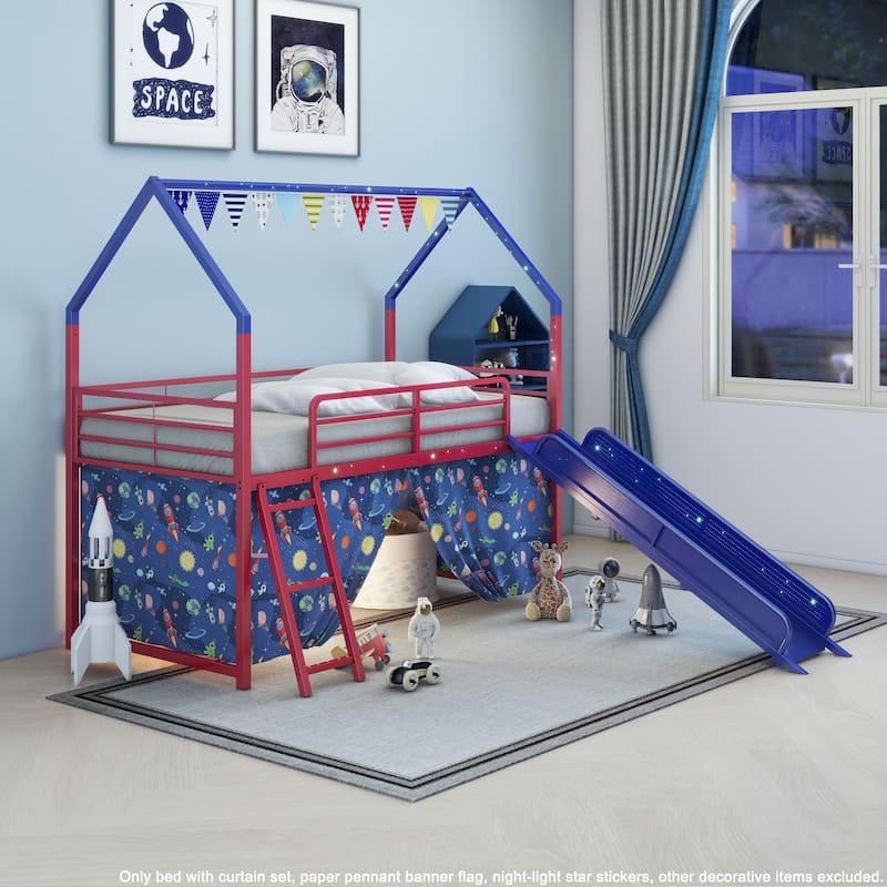 Superhero Themed Twin Loft Bed with Slide and Safety Features for Kids
