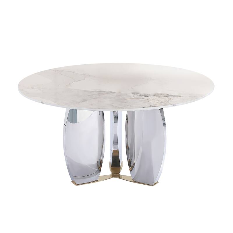 Modern Round Rock Slabs Stainless Steel Mirror Pedestal Dining Table - 4 Seats - Grayish White