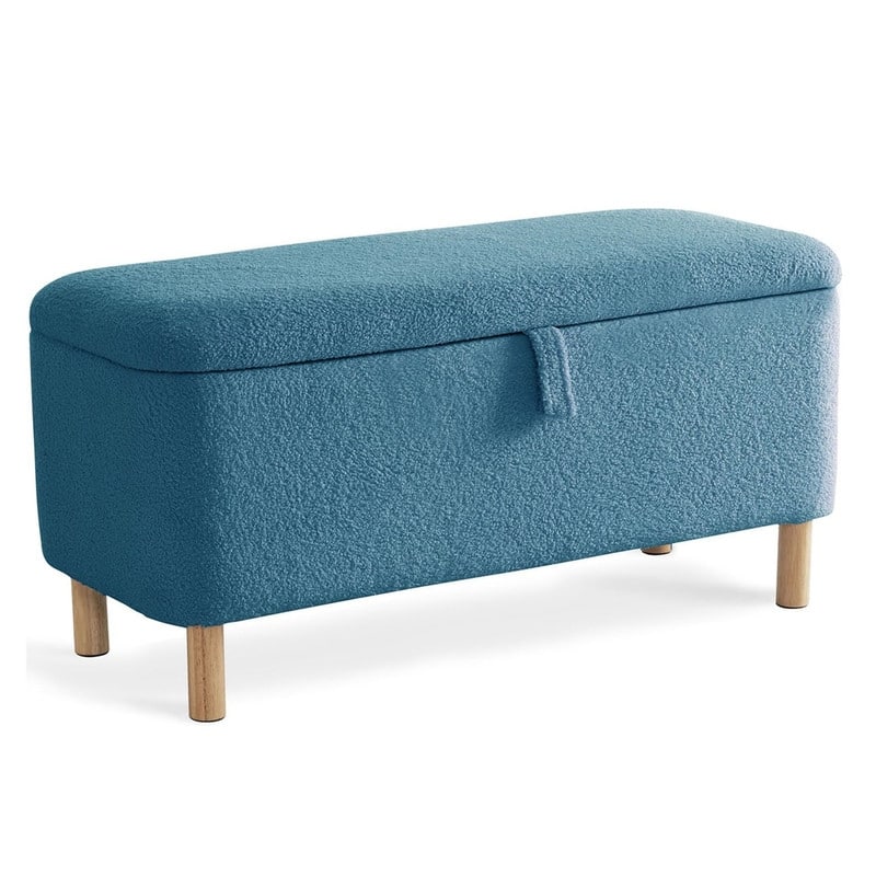 39.5" Off White Boucle Storage Ottoman Bench Sherpa Storage Bench Ottoman Foot Rest End of Bed for Living Room Bedroom,Wood Leg - 39.5" - Light Blue